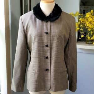 JOAN LESLIE vintage jacket Sz 14  houndstooth Y2K black/tan, faux fur collar.